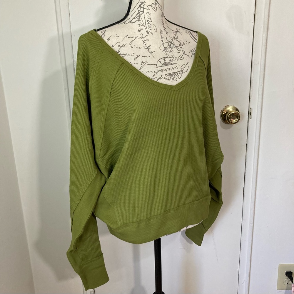 Free People Santa Clara Thermal Top Green Long Sleeve Top 100% Cotton